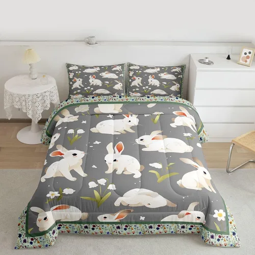 Feelyou Juego de ropa de cama de conejo para niños, tamaño individual, juego de edredón de conejo para niñas y mujeres, edredón de plumón verde