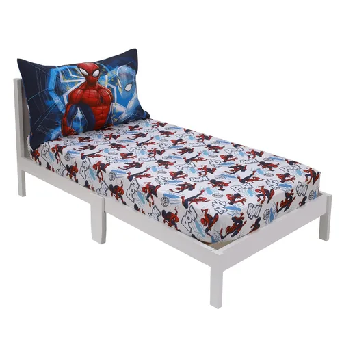 Miniatura 2 de NoJo Marvel Spider-Man to The Rescue - Juego de sábanas de 2 piezas para niños pequeños, color rojo, blanco y azul, sábana bajera ajustable