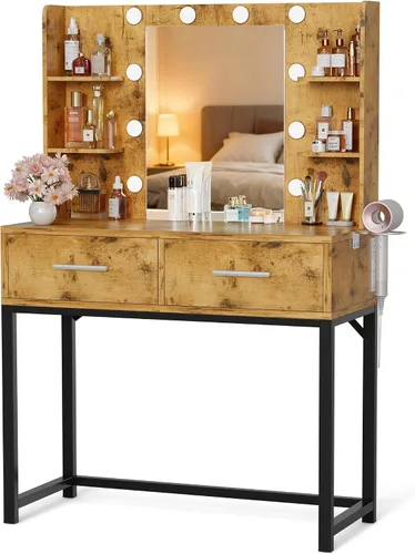 Miniatura 14 de YESHOMY - Escritorio tocador con espejo, mesa de maquillaje con 2 cajones grandes, toma de corriente y soporte redondo, bombilla ajustable de 3