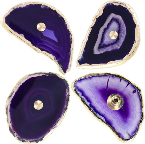 Rockcloud Pomos de ágata morada para cajón, tiradores para armario de aparador, rebanada teñida con pomos de borde chapados en oro para decoración