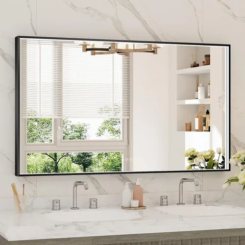 Miniatura 15 de Espejo de baño LED de 24x32 pulgadas con luces, espejo LED con marco de metal negro para baño, 3 colores y luz regulable sin escalones montada