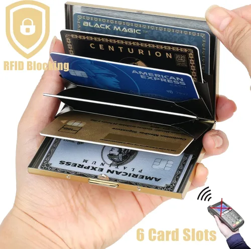 Miniatura 62 de BONSYL® Soporte para tarjetas de crédito, cartera delgada de metal con bloqueo RFID, con 6 ranuras para tarjetas, para mujeres y hombres.
