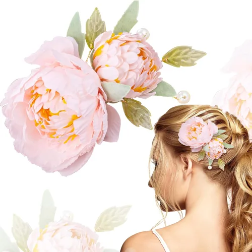 Miniatura 8 de HINZIC 2 pinzas para el pelo de flores de seda para mujeres, broches de flores 2 en 1, pasadores para el cabello con perlas florales para mujeres