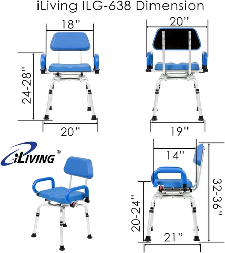 Miniatura 5 de iLIVING ILG-638 Silla de ducha giratoria para bañera y ducha con asiento acolchado, respaldo y brazos, y altura ajustable, color azul