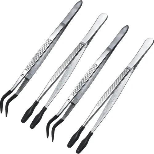 Honoson 4 pinzas con punta de goma, pinzas de punta de silicona de PVC, pinzas planas y dobladas para laboratorio, joyería industrial, manualidades,