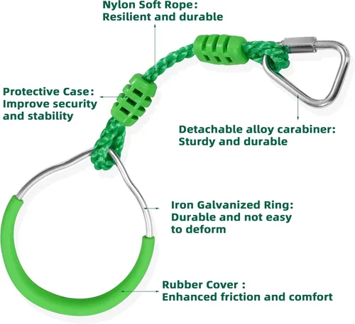Miniatura 6 de Conjunto de juego de trapecio y anillo de obstáculos de ninja de la jungla, 2 piezas de anillos de gimnasia verdes para fitness, barras colgantes