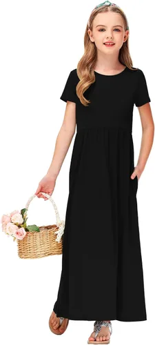 Miniatura 3 de Deerose Vestido largo casual de manga corta para niñas, con bolsillos, de 5 a 14 años