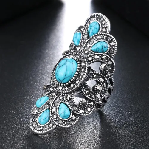 Miniatura 6 de LadayPoa Anillos vintage azul turquesa para mujer, anillos largos de flores gruesas, anillo de dedo bohemio retro grande, accesorios de joyería punk