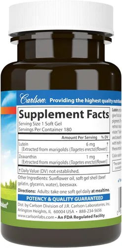 Miniatura 2 de Carlson Luteína 6 mg, suplemento de apoyo para la visión y salud ocular, fórmula antioxidante con zeaxantina, 180 cápsulas blandas