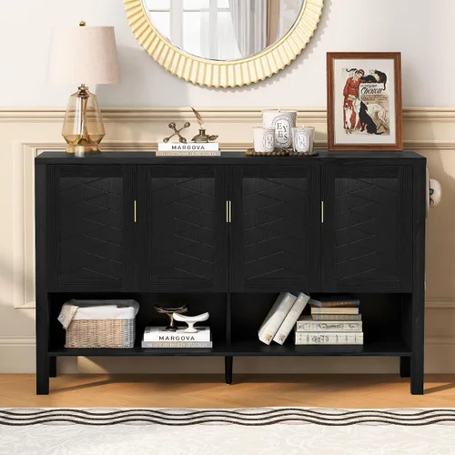 Miniatura 26 de Virubi Armario de buffet acanalado de 63 pulgadas con almacenamiento, puertas y estantes ajustables, mesa consola curva de madera con Azul marino