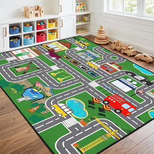 Miniatura 8 de Alfombra de mapa de ruta para niños, alfombras para niños para sala de juegos, alfombras de automóvil para niños, tapetes de juego para piso