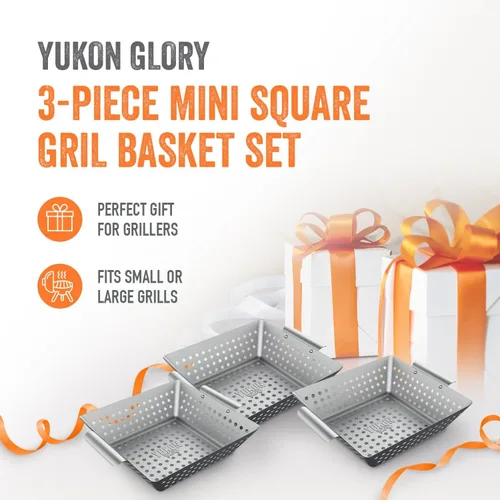 Miniatura 2 de Yukon Glory™ Juego de 3 cestas de parrilla cuadradas de acero inoxidable de 9 x 9 x 2 pulgadas para parrilla al aire libre – Cesta perforada