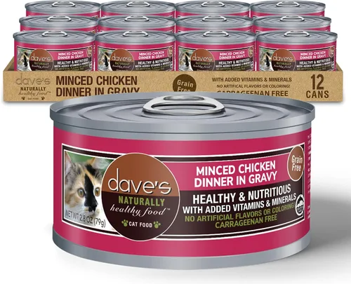 Dave's Pet Food Grain Free Wet Cat Food (Minced Chicken in Gravy), Naturally Healthy Canned, Added Vitamins & Minerals, Wheat, Gluten & GMO-Free,