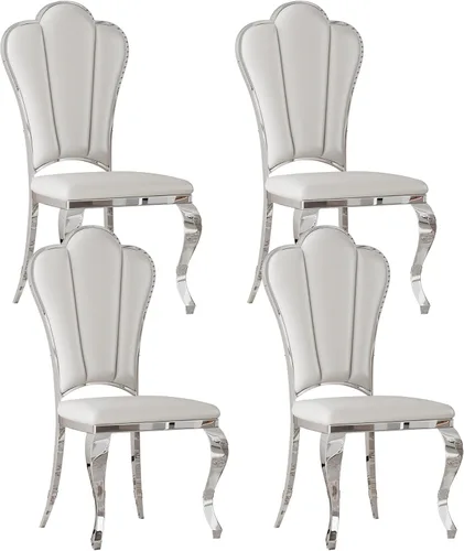 Miniatura 11 de Juego de 2 sillas con 2 sillas de comedor de piel sintética blanca, silla de cocina moderna con respaldo ovalado y patas de acero inoxidable