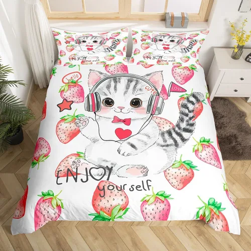 Miniatura 3 de Erosebridal Juego de funda de edredón con diseño de gato y fresa, tamaño individual, diseño de caricaturas, arcoíris, con temática de animales