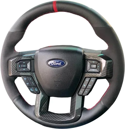 Funda para volante de piel perforada negra y gamuza roja, costura a mano en envoltura para Ford F150 Raptor 2016-2019