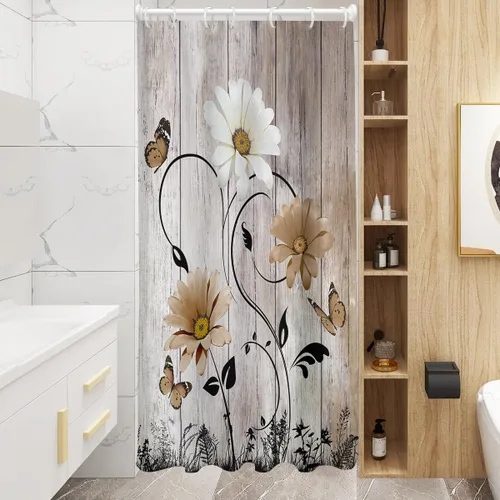 Miniatura 26 de AAtter Cortina de ducha floral azul rústica boho gris blanco amarillo margarita naturaleza negro botánico telón azul verdoso turquesa tela única