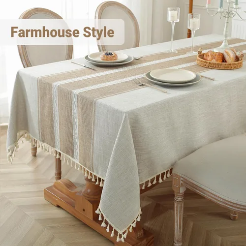 Miniatura 2 de Laolitou - Mantel de lino de algodón impermeable para mesa de comedor, rústico, estilo de granja, mantel rectangular para cocina, mesas de café