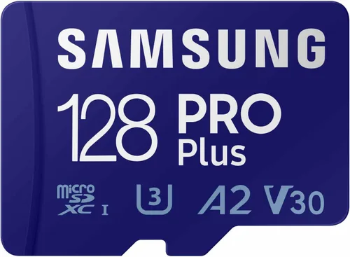 Samsung Tarjeta de memoria microSD PRO Plus + adaptador, microSDXC de 128 GB, hasta 180 MB/s, Full HD y 4K UHD, UHS I, C10, U3, V30, A2, para