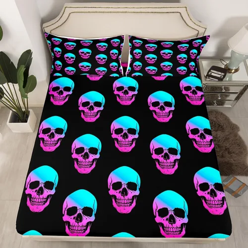 Miniatura 19 de Erosebridal Sábanas de calavera de azúcar, sábana bajera ajustable de Halloween, tamaño individual, ropa de cama de galaxia trippy morada, funda