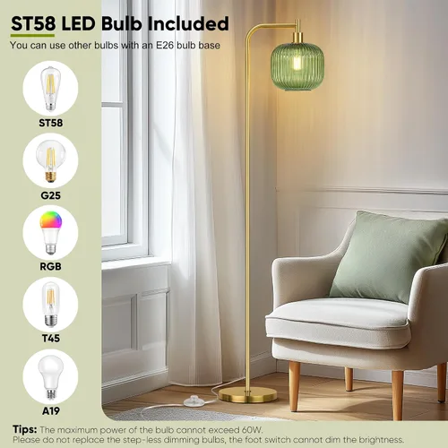 Miniatura 5 de QiMH Lámpara de pie de cristal para sala de estar, lámpara de pie moderna con pantalla de vidrio acanalado e interruptor de pedal, lámpara de 67