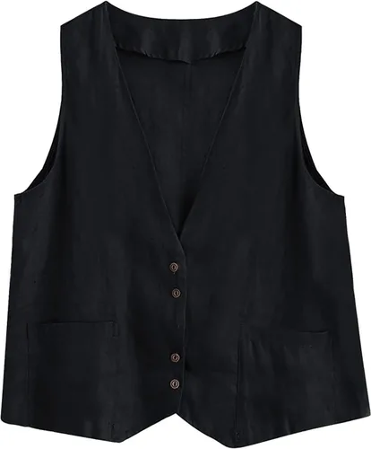 Miniatura 67 de COTECRAM Chaleco de lino de algodón para mujer, casual, sin mangas, con botones, ligero, para verano, holgado, ropa de abrigo
