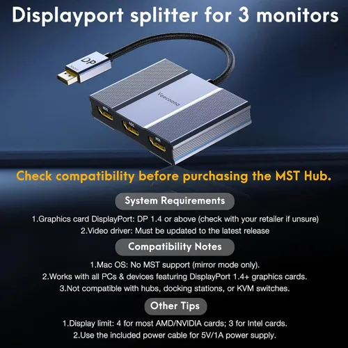 Miniatura 4 de Adaptador DisplayPort a HDMI 1 en 3 salidas 4K60Hz, divisor de puerto de pantalla extendida a divisor de puerto de pantalla extendida para 3