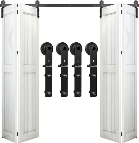 Miniatura 9 de CCJH Kit de riel deslizante para puerta de granero biplegable de 4 pies/48 pulgadas para 4 puertas de acero al carbono resistente