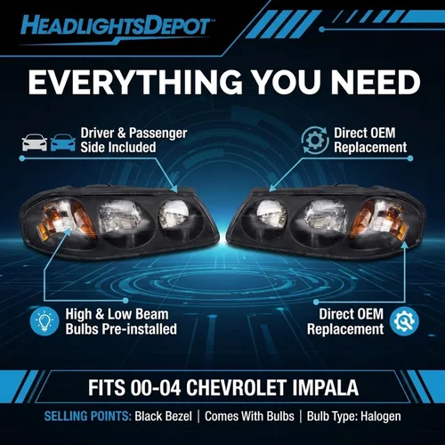 Miniatura 2 de HEADLIGHTSDEPOT Juego de faros halógenos compatible con Chevrolet Impala 2000-2004