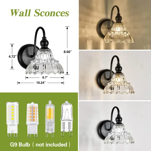 Miniatura 3 de Moderno aplique de pared negro mini lámpara de pared hecha de cuerpo de metal y vidrio estampado prensado retro luz de tocador para dormitorio