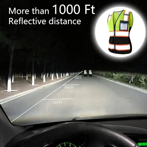 Miniatura 5 de Chaleco de seguridad reflectante de alta visibilidad para hombres y mujeres con bolsillos y cremallera frontal, cumple con los estándares ANSI/ISEA