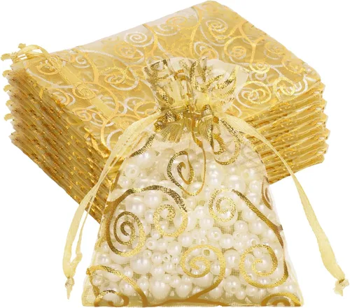 Miniatura 10 de G2PLUS Bolsas de regalo de organza de 4 x 6 pulgadas, 50 bolsas de organza de malla transparente con estampado de ratán dorado, bolsas de joyería