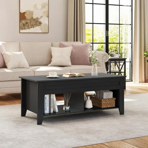 Miniatura 2 de Yaheetech Mesa de centro de madera negra elevable, con almacenamiento oculto y 2 estantes abiertos para sala de estar, recepción, oficina, 39.5 Negro