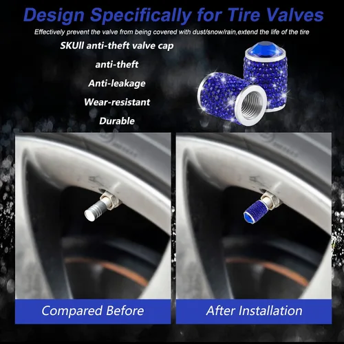 Miniatura 4 de Alpmosn Tapones para válvula de neumático de automóvil, 4 tapas de válvula de neumático brillantes, tapones de cristal brillantes para mujeres, Azul