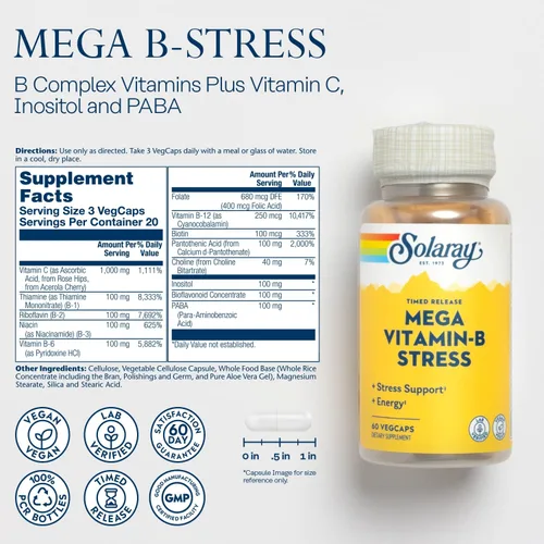 Miniatura 3 de SOLARAY Mega Vitamina B-Estrés, Complejo vitamínico B de liberación programada con 1000 mg de vitamina C para el estrés, la energía y el apoyo a