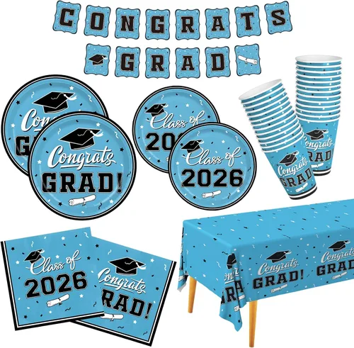Miniatura 16 de Gatherfun suministros para fiesta de graduación 2022, para 25 comensales, vajilla roja y desechable de papel, con platos, servilletas, vasos, mantel