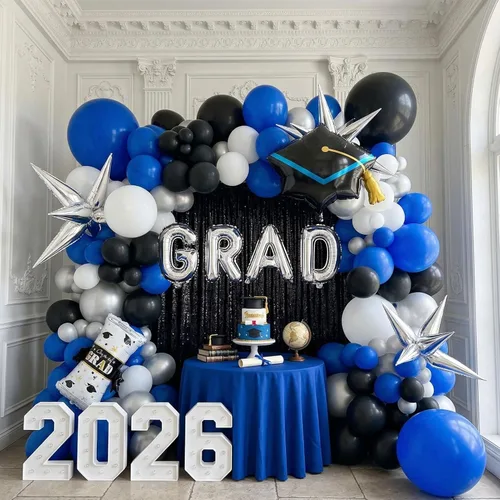 Miniatura 9 de Kit de arco de globos de graduación 2026, decoraciones de fiesta azul real y plateado: diploma de aluminio, letras de felicitación, globos de Azul