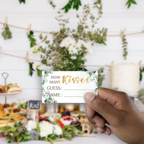 Miniatura 3 de Guess How Many Kisses Are in the Jar Game (1 letrero de pie + 50 tarjetas de adivinanzas), dorado verde, letrero de despedida de soltera, letrero