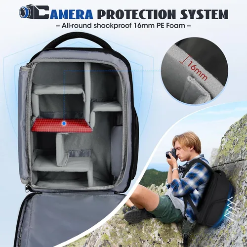Miniatura 3 de RAINSMORE Mochila para cámara para fotógrafos DSLR SLR SLR sin espejo con cubierta impermeable para lluvia y compartimento para laptop, se adapta a