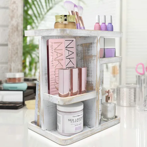 Miniatura 8 de Sorbus Organizador de Maquillaje de 360° - Carrusel de Almacenamiento de Madera Rústica Gris para Cosméticos, Maquillaje, Organizador de Cuidado