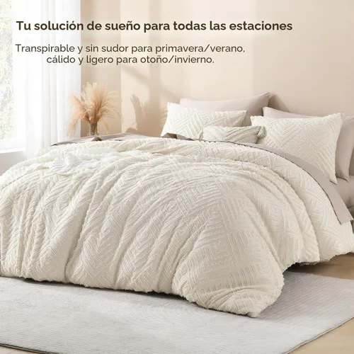 Miniatura 3 de Litanika - juego de edredón matrimonial beige, 3 piezas capitoné crema boho granja, ligero y esponjoso para todas las estaciones