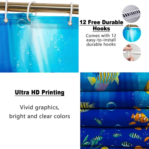 Miniatura 3 de Poedist - Juego de ducha de baño, 4 piezas, diseño de mundo submarino azul para niños, incluye cortina de ducha y tapetes para baño