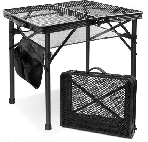 Miniatura 9 de Mesa plegable de 4 pies con escritorio de malla metálica, mesa de campamento con asa de transporte, altura ajustable (16.5 y 26 pulgadas), mesa al