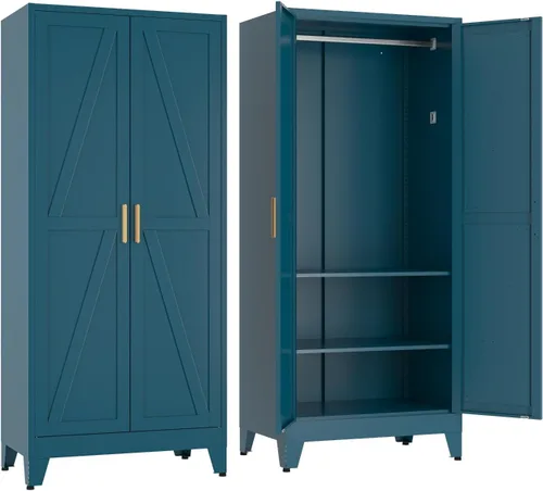 COFaR Armario de metal de 71 pulgadas, armario de acero con barra ajustable para colgar y estantes, 2 puertas de almacenamiento para dormitorio,