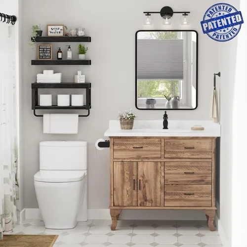 Miniatura 2 de QEEIG Estantes de baño sobre el inodoro - Estante flotante para pared, almacenamiento de papel higiénico, estilo rústico, 16 pulgadas, juego de 3