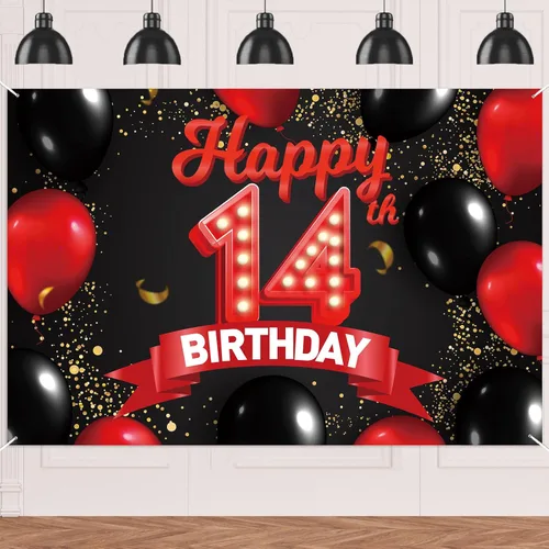 Miniatura 18 de Cartel de feliz cumpleaños 15 color rojo y negro, decoración temática de globos para niñas y mujeres, princesas de 15 años, fiesta de cumpleaños
