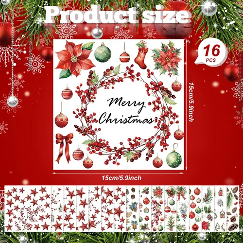 Miniatura 4 de SATINIOR 16 hojas de calcomanías de Navidad para manualidades y muebles, calcomanías de árbol de Navidad, muñeco de nieve, bayas rojas, calcomanías