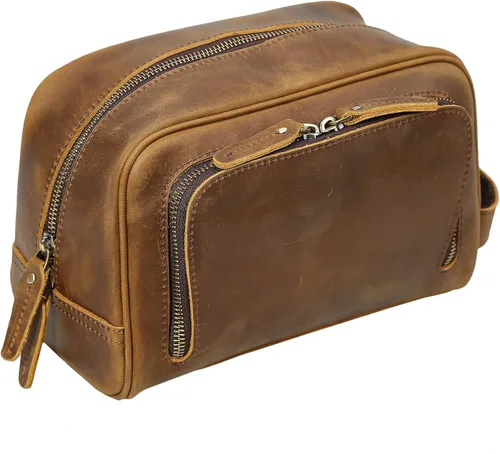 Polare - Neceser de viaje vintage de cuero de grano completo hecho a mano para hombre, kit Dopp, kit de afeitado con cremalleras de metal YKK, color