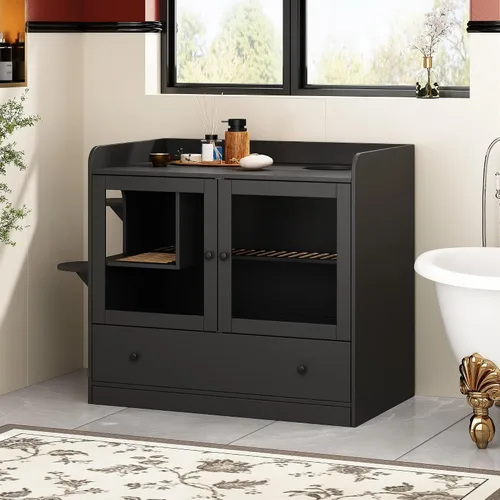Miniatura 6 de Mueble extra grande con caja de arena oculta para gatos, gabinete para casa de gatos con escalera para 2, mesa auxiliar con cajón grande para sala