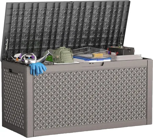 Miniatura 14 de ROJIK - Caja de almacenamiento para exteriores, impermeable, para patio y piscina, herramientas de jardín y cojines, banco con tapa con cerradura
